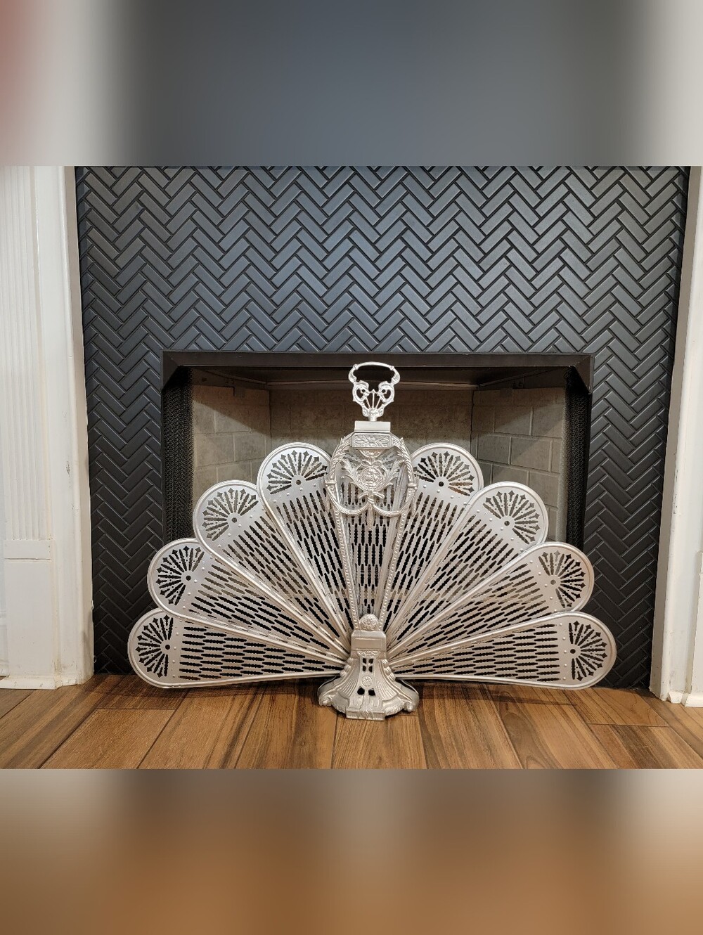 Vintage Silver-Plated Brass Peacock Fan Fireplace Screen - Victorian Cameo